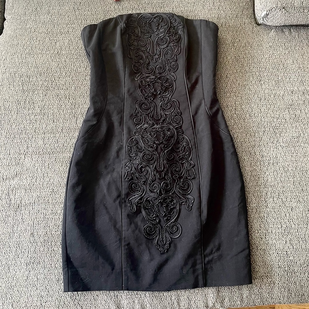 H&M Black Strapless Corset Short Mini Dress Zipper Bodycon Lace Embroidered Sz 6